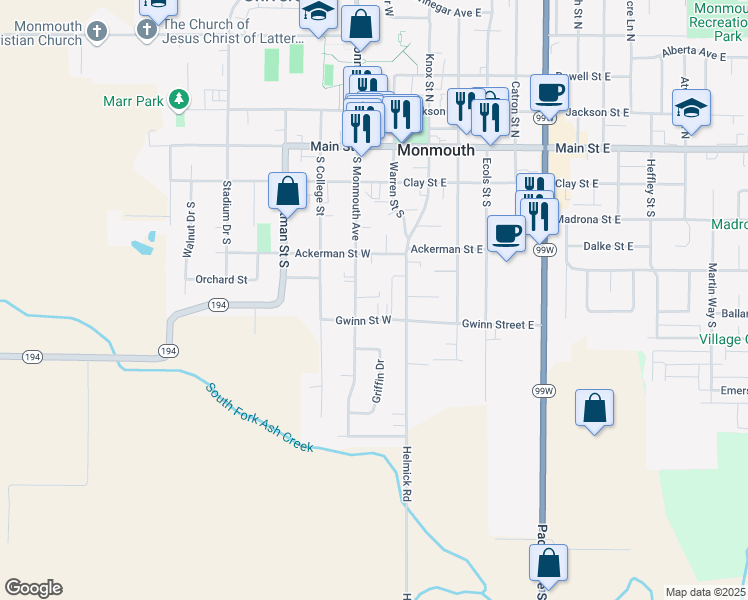 map of restaurants, bars, coffee shops, grocery stores, and more near 529 Monmouth Avenue South in Monmouth