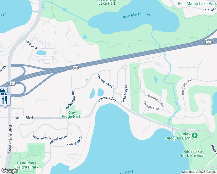 map of restaurants, bars, coffee shops, grocery stores, and more near 8701 North Bay Drive in Chanhassen
