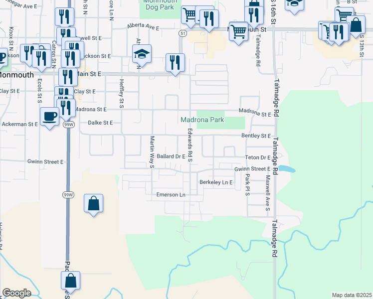 map of restaurants, bars, coffee shops, grocery stores, and more near 474 Edwards Road South in Monmouth