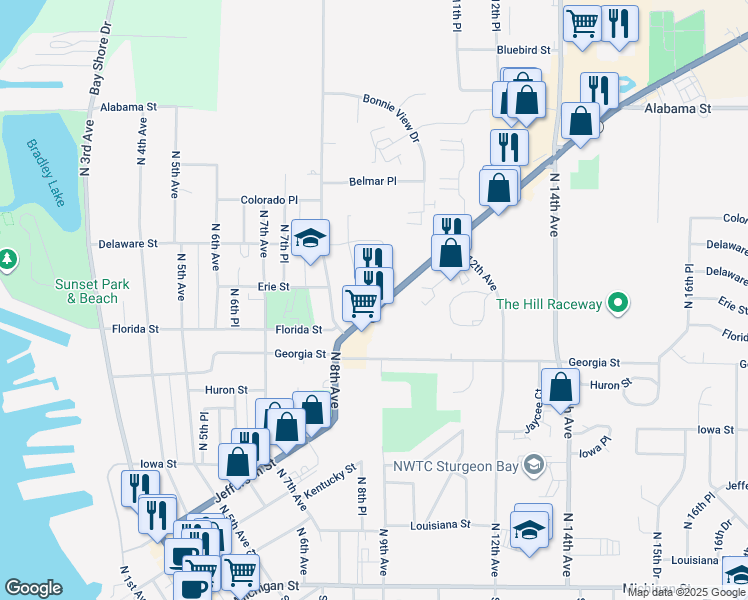 map of restaurants, bars, coffee shops, grocery stores, and more near 902 Egg Harbor Road in Sturgeon Bay