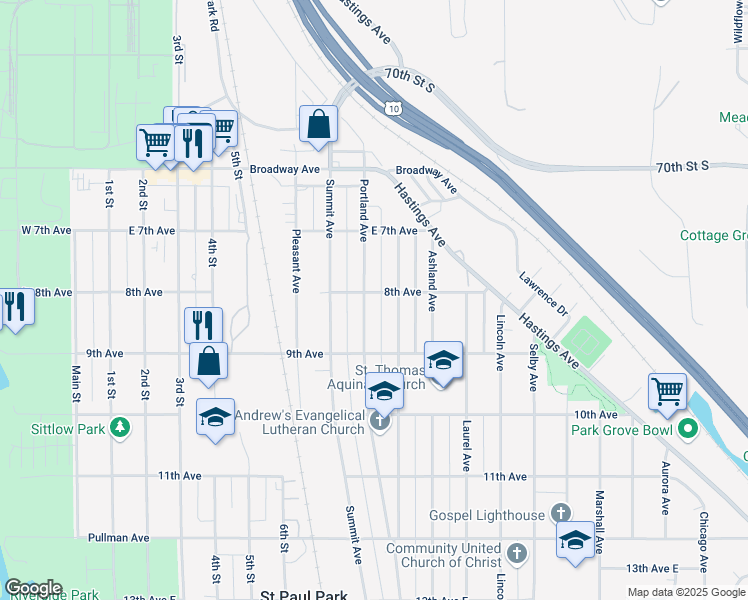 map of restaurants, bars, coffee shops, grocery stores, and more near 810 8th Avenue in Saint Paul Park