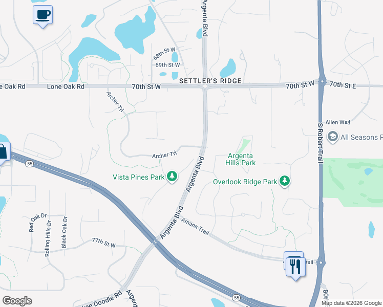 map of restaurants, bars, coffee shops, grocery stores, and more near 7241 Argenta Trail in Inver Grove Heights