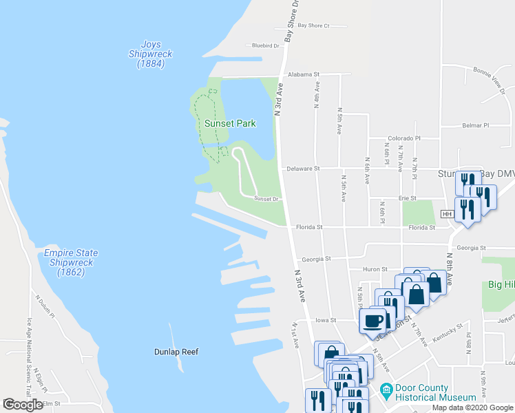 map of restaurants, bars, coffee shops, grocery stores, and more near 730 County Road B in Sturgeon Bay