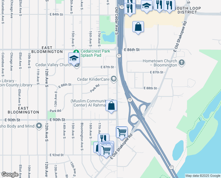 map of restaurants, bars, coffee shops, grocery stores, and more near 8813 18th Avenue South in Bloomington