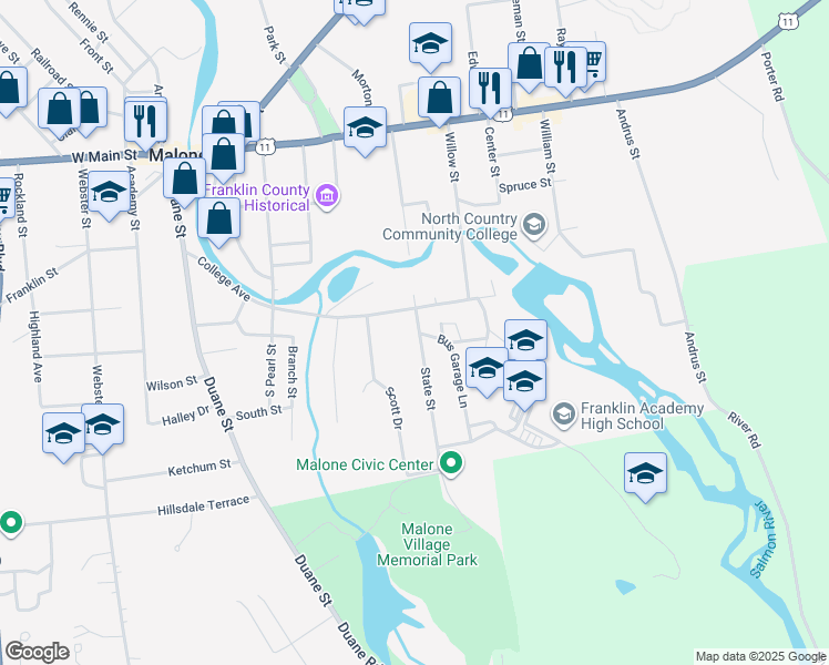 map of restaurants, bars, coffee shops, grocery stores, and more near 5 State St in Malone