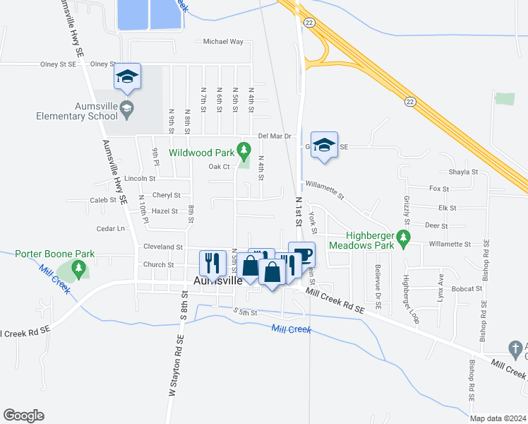 map of restaurants, bars, coffee shops, grocery stores, and more near 389 Shamrock Street in Aumsville