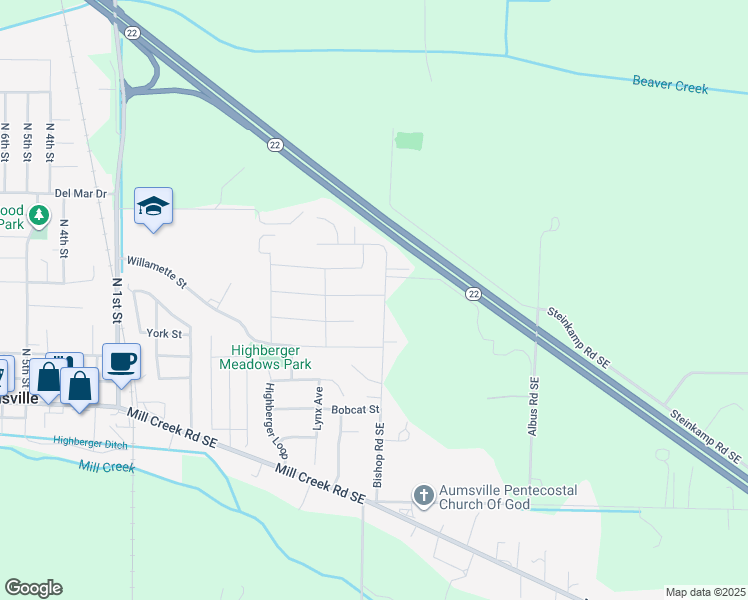 map of restaurants, bars, coffee shops, grocery stores, and more near 10030 Elk Street in Aumsville