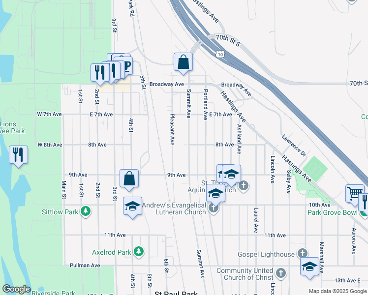 map of restaurants, bars, coffee shops, grocery stores, and more near 800 Pleasant Avenue in Saint Paul Park