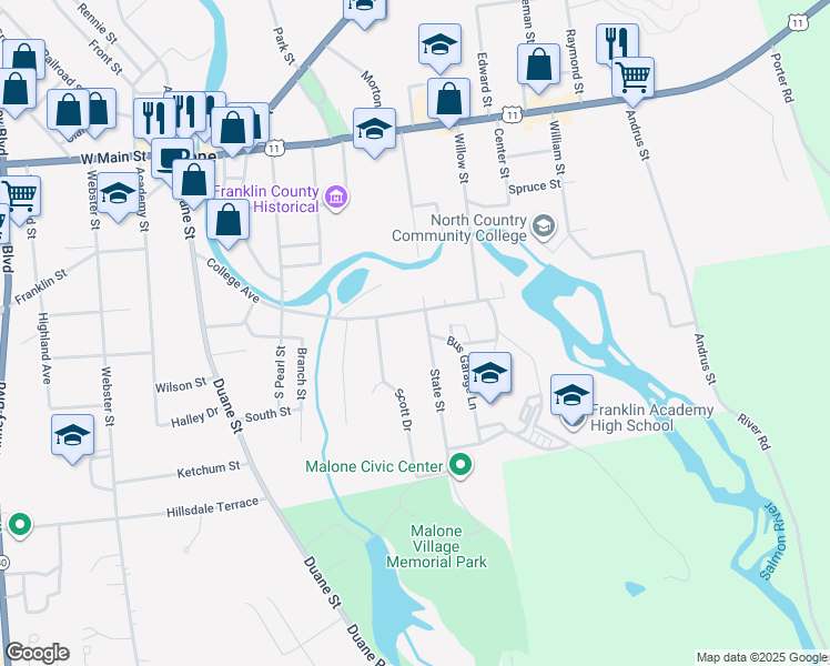 map of restaurants, bars, coffee shops, grocery stores, and more near 5 State St in Malone