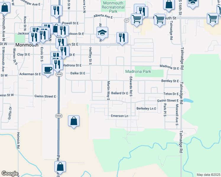 map of restaurants, bars, coffee shops, grocery stores, and more near 465 Martin Way South in Monmouth