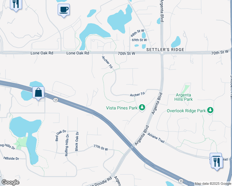 map of restaurants, bars, coffee shops, grocery stores, and more near 7201 Archer Trail in Inver Grove Heights