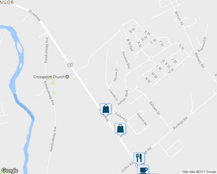 map of restaurants, bars, coffee shops, grocery stores, and more near 106 Lasalle Drive in Bangor