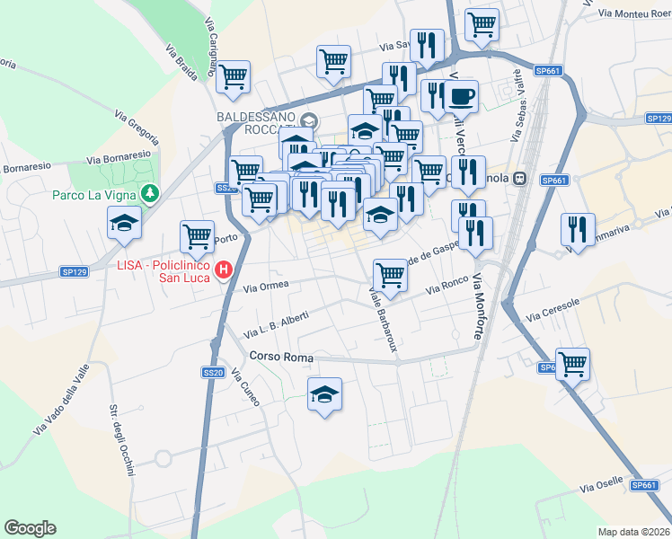 map of restaurants, bars, coffee shops, grocery stores, and more near 21 Via Guglielmo Baldessano in Carmagnola