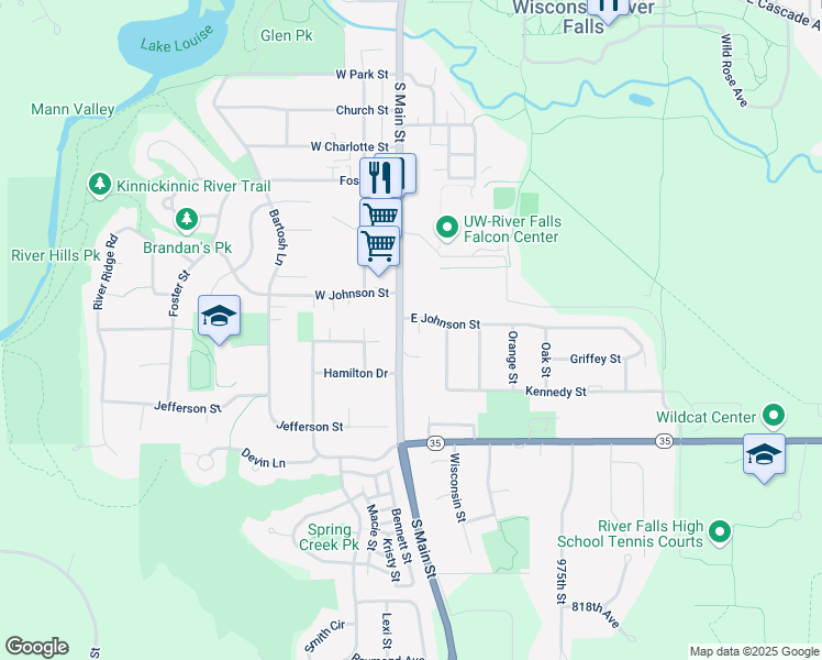 map of restaurants, bars, coffee shops, grocery stores, and more near 1300 South Main Street in River Falls
