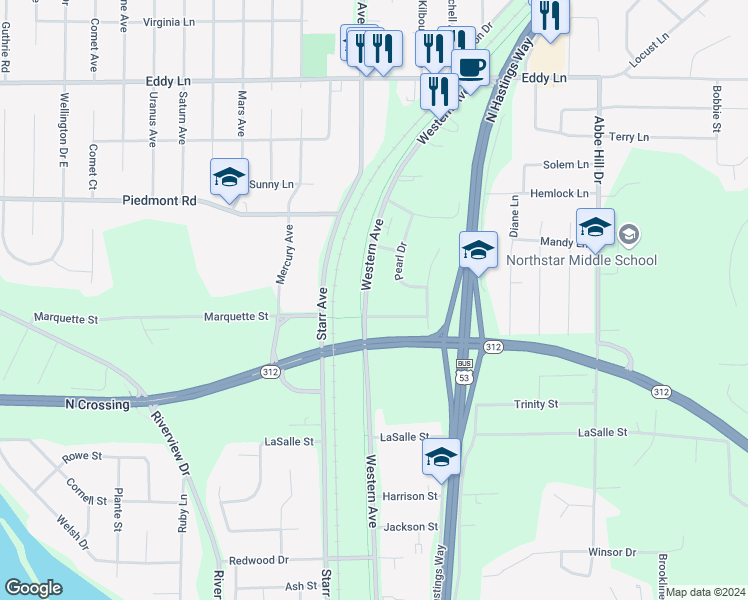 map of restaurants, bars, coffee shops, grocery stores, and more near 2617 Western Avenue in Eau Claire