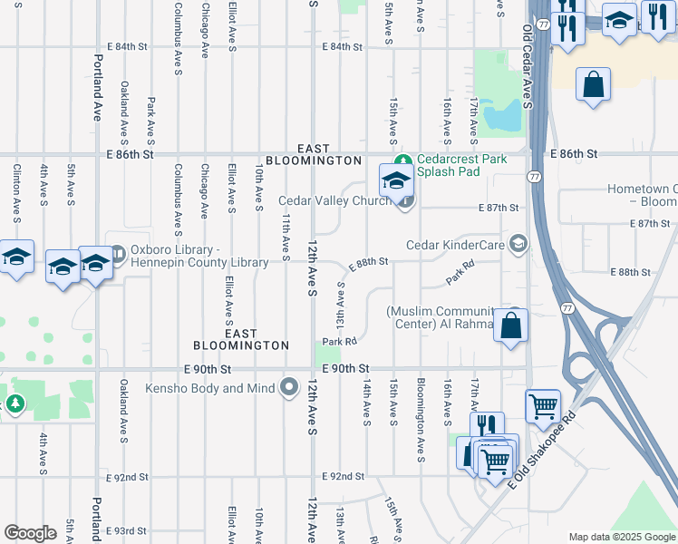 map of restaurants, bars, coffee shops, grocery stores, and more near 8800 13th Avenue South in Bloomington
