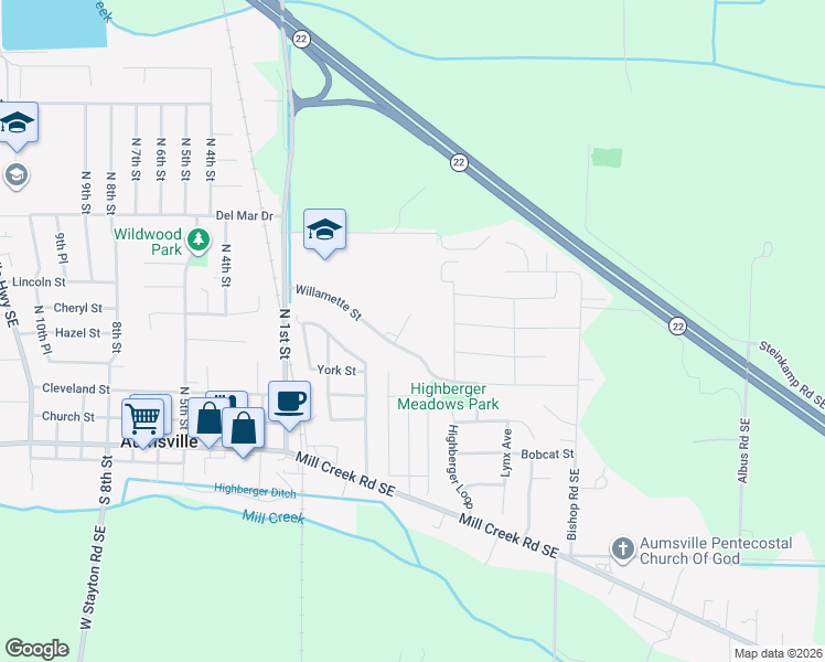 map of restaurants, bars, coffee shops, grocery stores, and more near 9755 Willamette Street in Aumsville