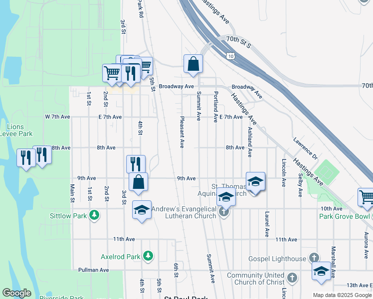 map of restaurants, bars, coffee shops, grocery stores, and more near 800 Pleasant Avenue in Saint Paul Park