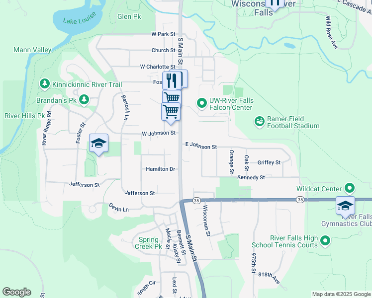 map of restaurants, bars, coffee shops, grocery stores, and more near 1300 South Main Street in River Falls