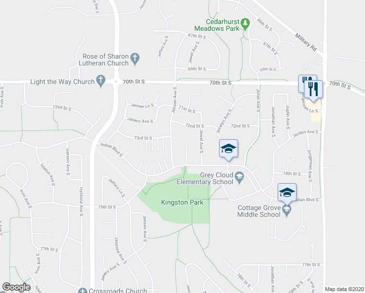 map of restaurants, bars, coffee shops, grocery stores, and more near 9398 Indian Boulevard Court in Cottage Grove