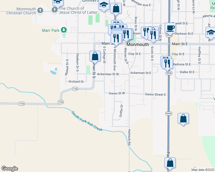 map of restaurants, bars, coffee shops, grocery stores, and more near 505 South College Street in Monmouth