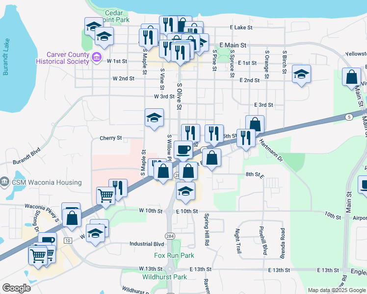 map of restaurants, bars, coffee shops, grocery stores, and more near 533 South Olive Street in Waconia