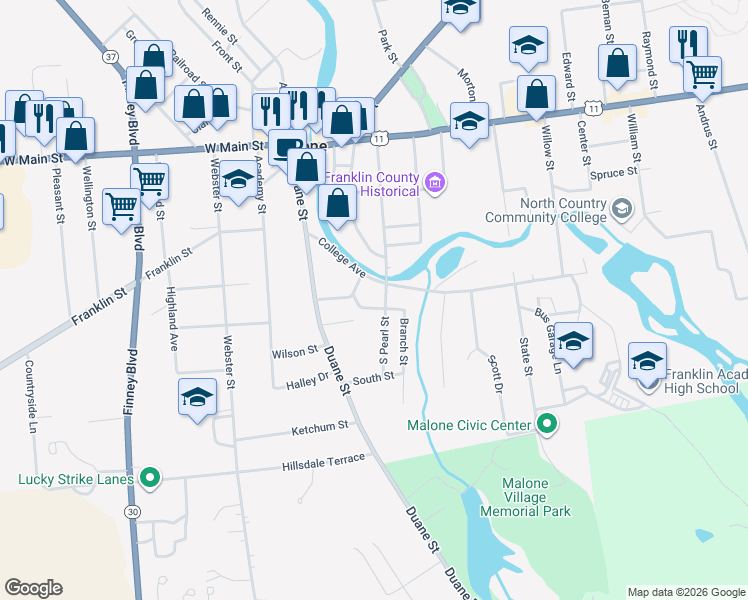 map of restaurants, bars, coffee shops, grocery stores, and more near 20 Seaver St in Malone