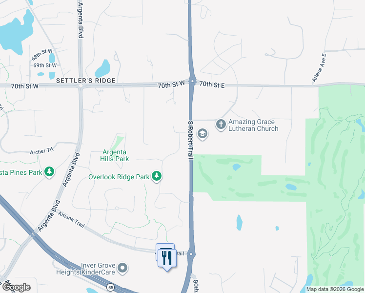 map of restaurants, bars, coffee shops, grocery stores, and more near 7245 South Robert Trail in Inver Grove Heights