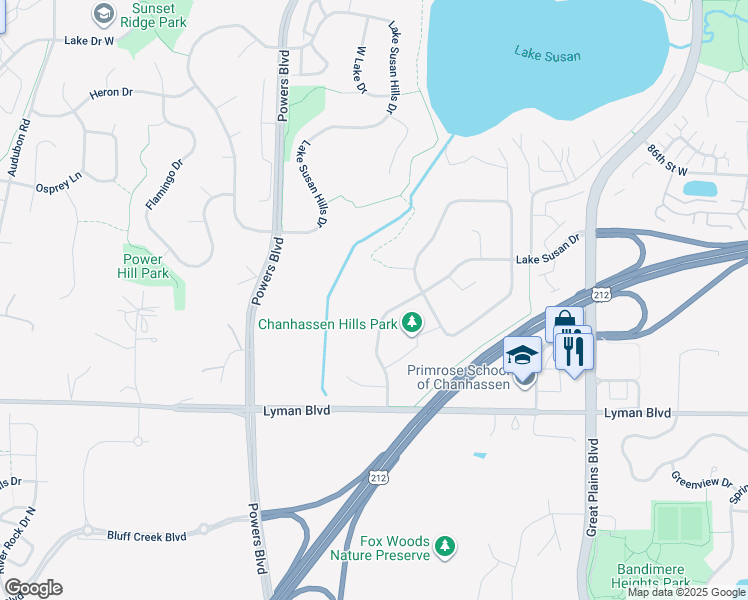 map of restaurants, bars, coffee shops, grocery stores, and more near 1020 Lake Susan Drive in Chanhassen