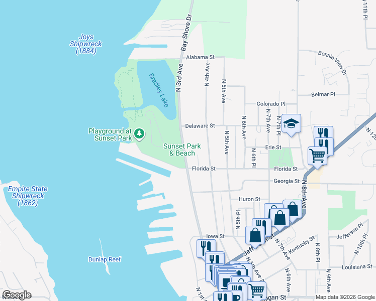 map of restaurants, bars, coffee shops, grocery stores, and more near 742 County Road B in Sturgeon Bay