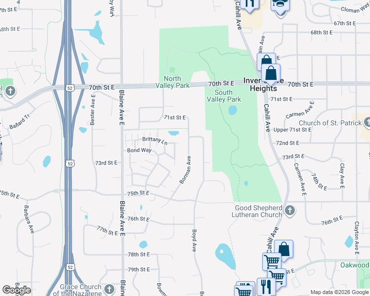 map of restaurants, bars, coffee shops, grocery stores, and more near 7327 Borman Avenue in Inver Grove Heights