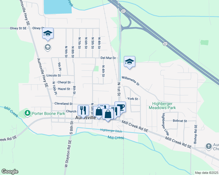 map of restaurants, bars, coffee shops, grocery stores, and more near 389 Shamrock Street in Aumsville