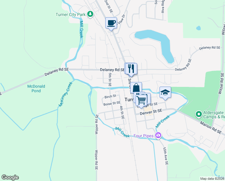 map of restaurants, bars, coffee shops, grocery stores, and more near 7685 4th Street Southeast in Turner