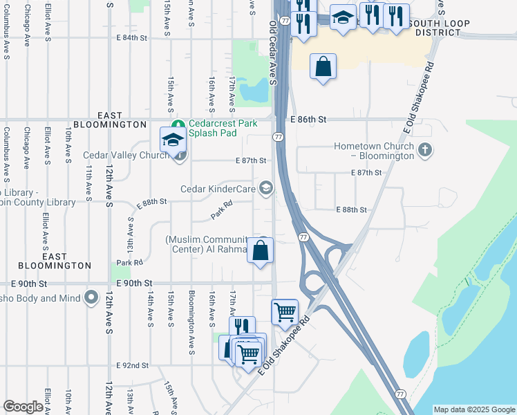 map of restaurants, bars, coffee shops, grocery stores, and more near 8813 18th Avenue South in Bloomington