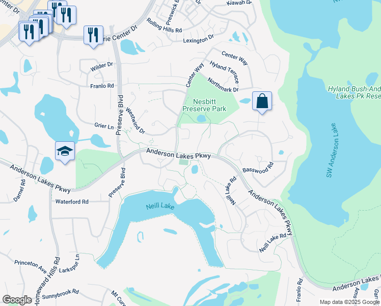 map of restaurants, bars, coffee shops, grocery stores, and more near 11185 Anderson Lakes Parkway in Eden Prairie