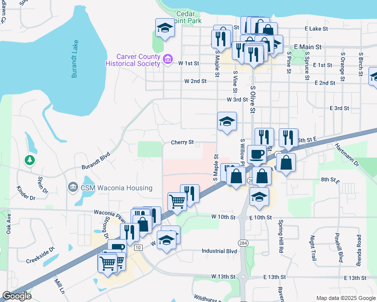 map of restaurants, bars, coffee shops, grocery stores, and more near 333 West 5th Street in Waconia