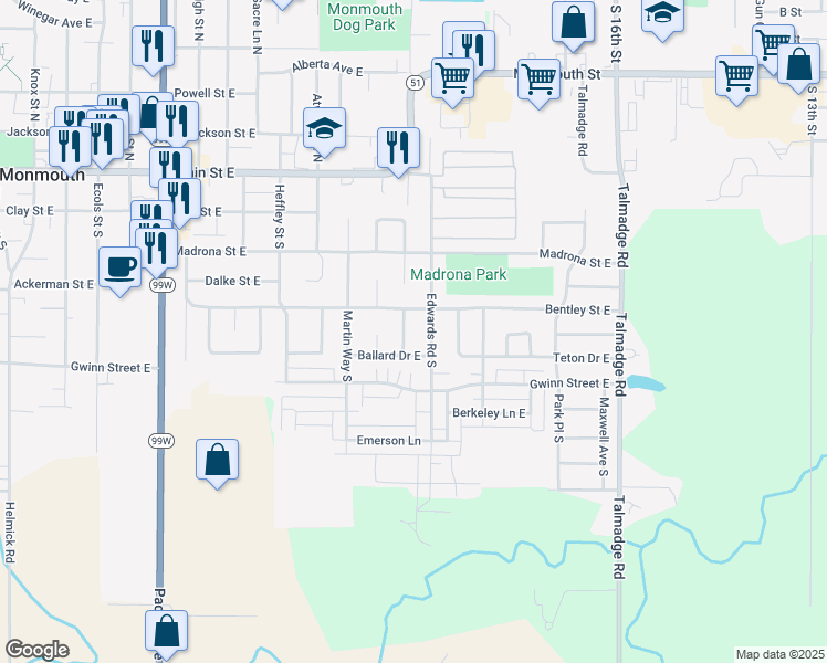 map of restaurants, bars, coffee shops, grocery stores, and more near 474 Edwards Road South in Monmouth
