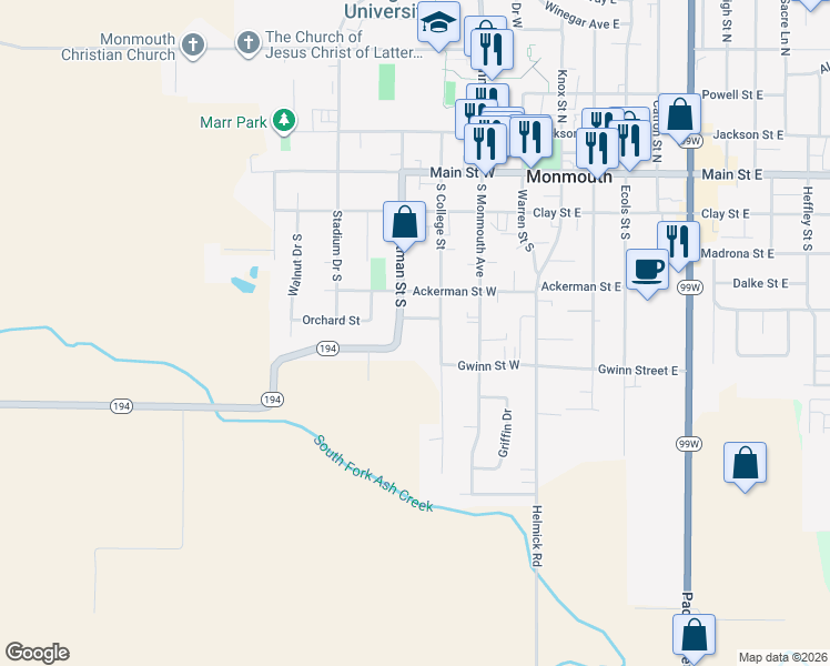 map of restaurants, bars, coffee shops, grocery stores, and more near 499 Whitman Street South in Monmouth
