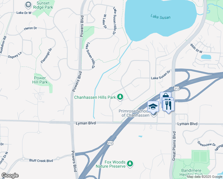 map of restaurants, bars, coffee shops, grocery stores, and more near 1020 Lake Susan Drive in Chanhassen