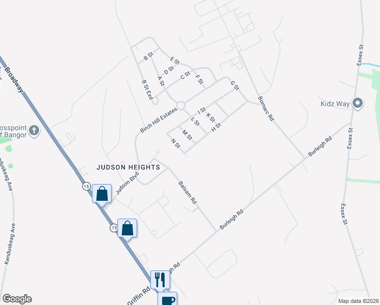 map of restaurants, bars, coffee shops, grocery stores, and more near 1 H Street in Bangor