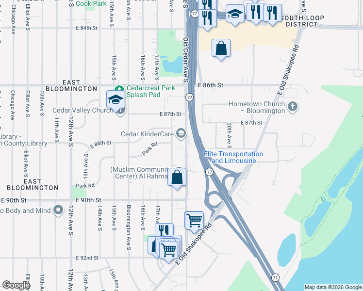 map of restaurants, bars, coffee shops, grocery stores, and more near 8806 Old Cedar Avenue South in Bloomington