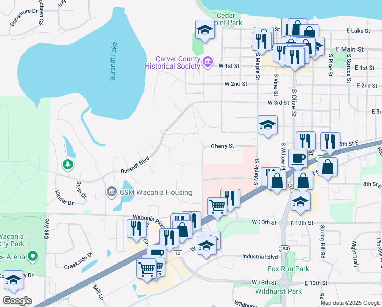 map of restaurants, bars, coffee shops, grocery stores, and more near 500 Cherry Street in Waconia