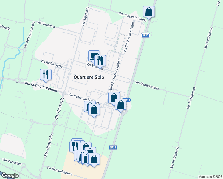 map of restaurants, bars, coffee shops, grocery stores, and more near 5a Via Alfred Bernhard Nobel in Quartiere Spip