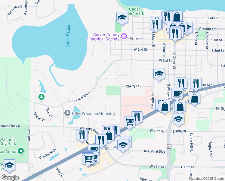 map of restaurants, bars, coffee shops, grocery stores, and more near 500 South Cherry Street in Waconia