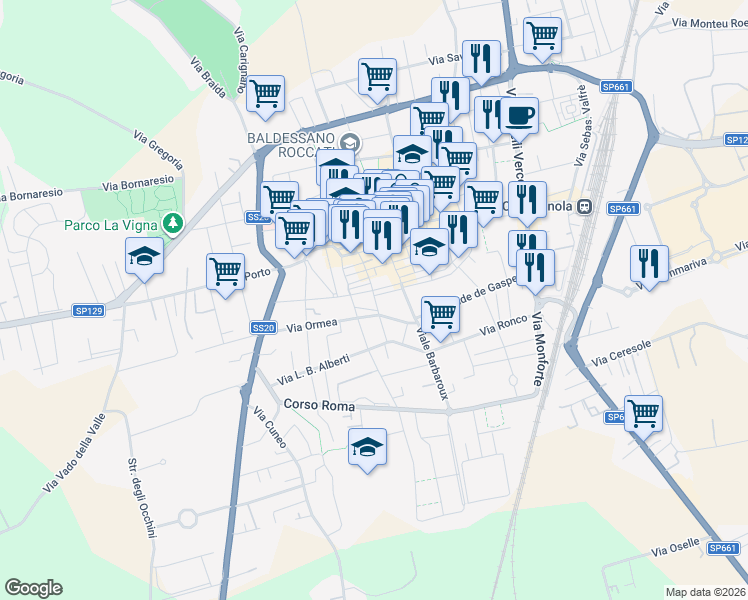 map of restaurants, bars, coffee shops, grocery stores, and more near 21 Via Baldessano in Carmagnola