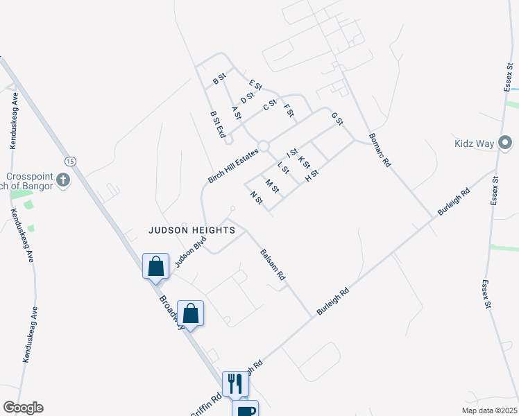 map of restaurants, bars, coffee shops, grocery stores, and more near 16 N Street in Bangor