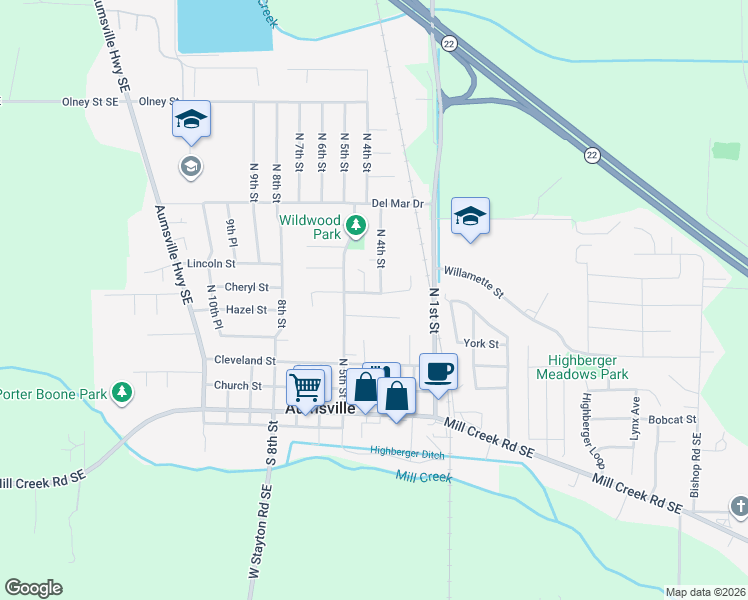 map of restaurants, bars, coffee shops, grocery stores, and more near 402 Clover Street in Aumsville