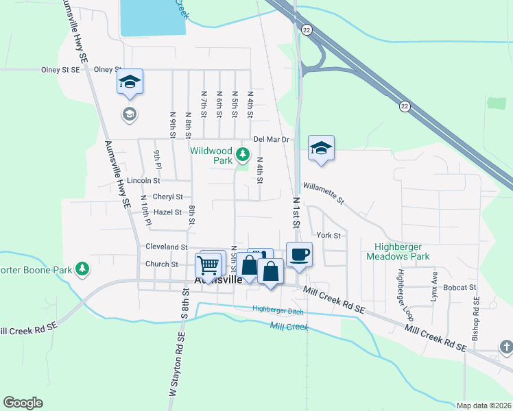 map of restaurants, bars, coffee shops, grocery stores, and more near 402 Clover Street in Aumsville
