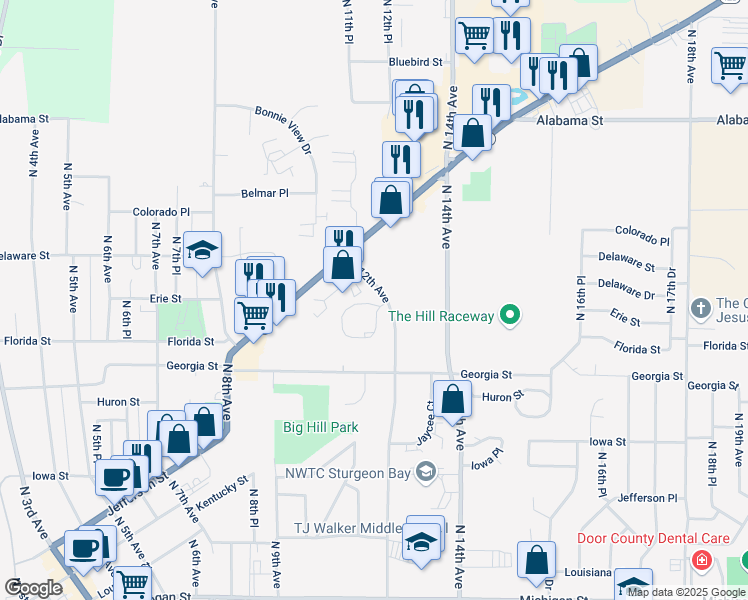 map of restaurants, bars, coffee shops, grocery stores, and more near 633 North 12th Avenue in Sturgeon Bay