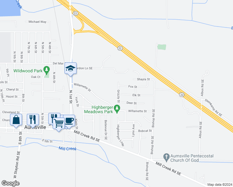 map of restaurants, bars, coffee shops, grocery stores, and more near 501 Grizzly Street in Aumsville